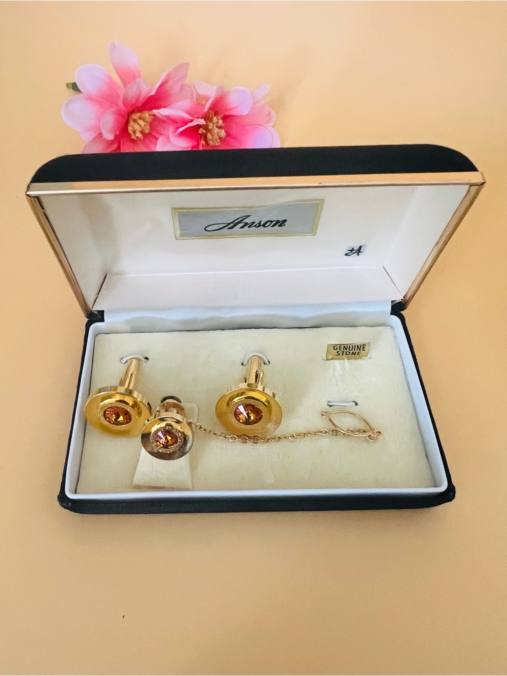 Anson Gold-Tone Cufflink & Tie Tack Set with Amber Stones